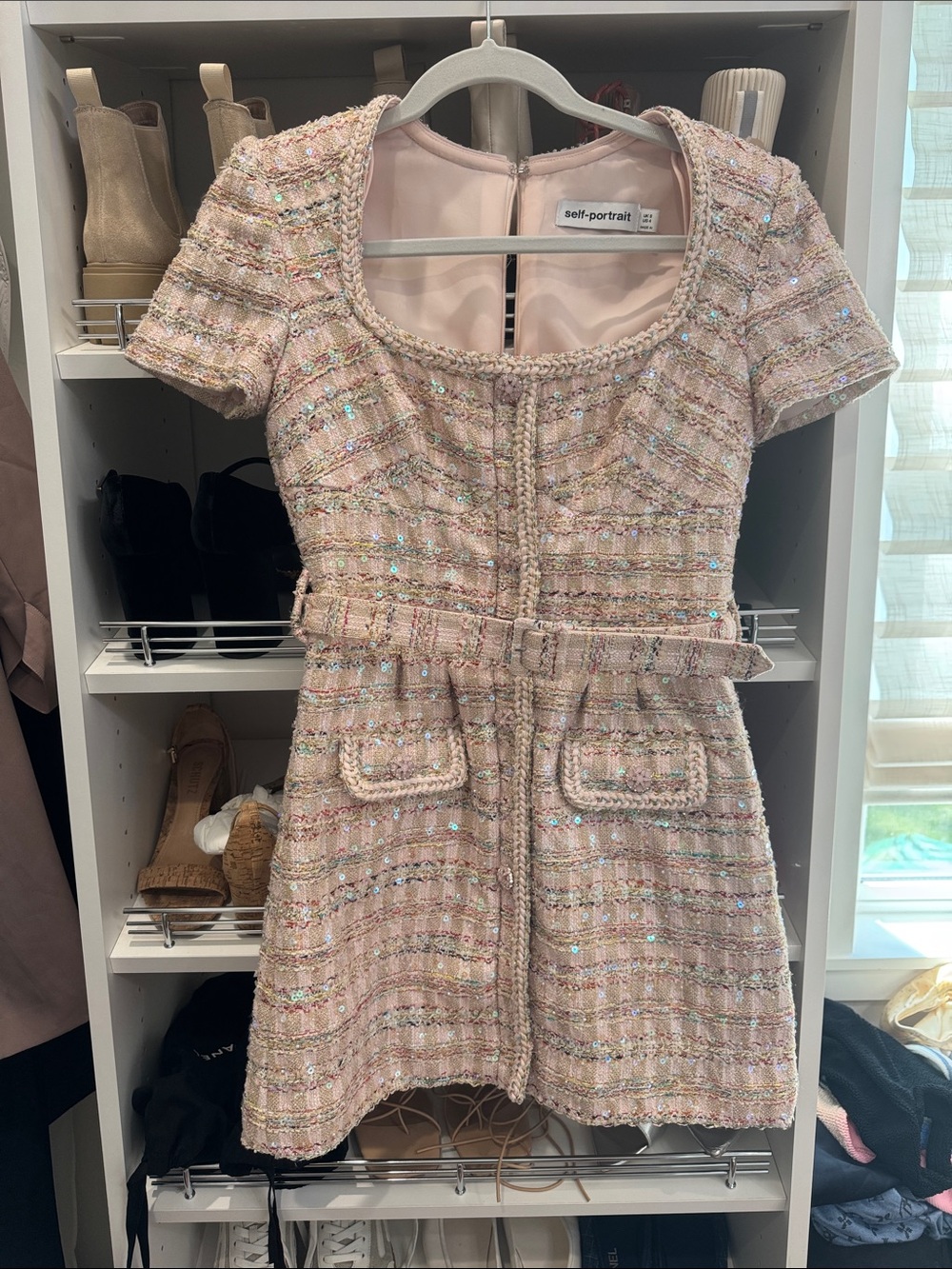 Self-Portrait Blush Tweed Belted Mini Dress